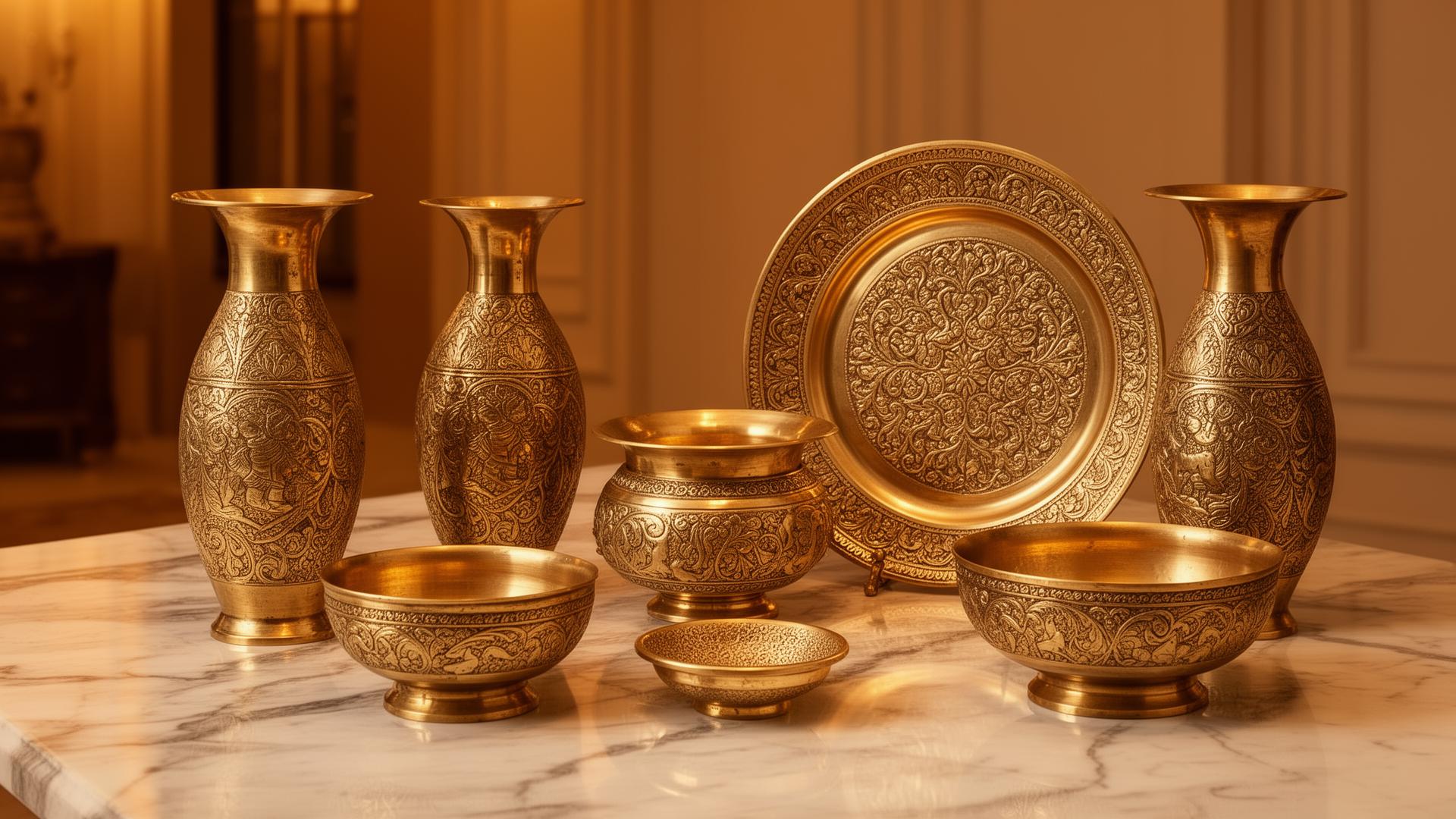 Collection of premium Indian brass home decor items including decorative vases, ornate bowls, and engraved plates on marble surface