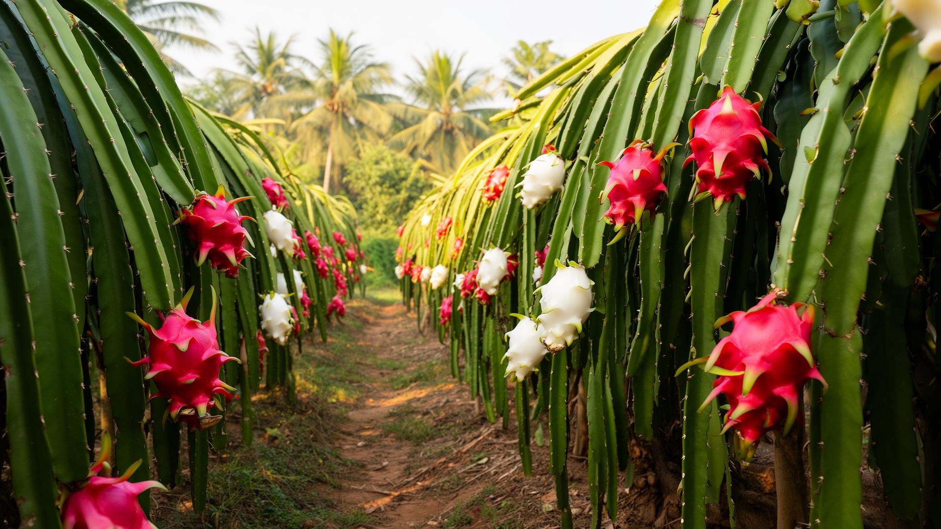 Lush Indian dragon fruit plantation with rows of tall cactus plants bearing ripe red and white fruits, bright tropical morning sunlight