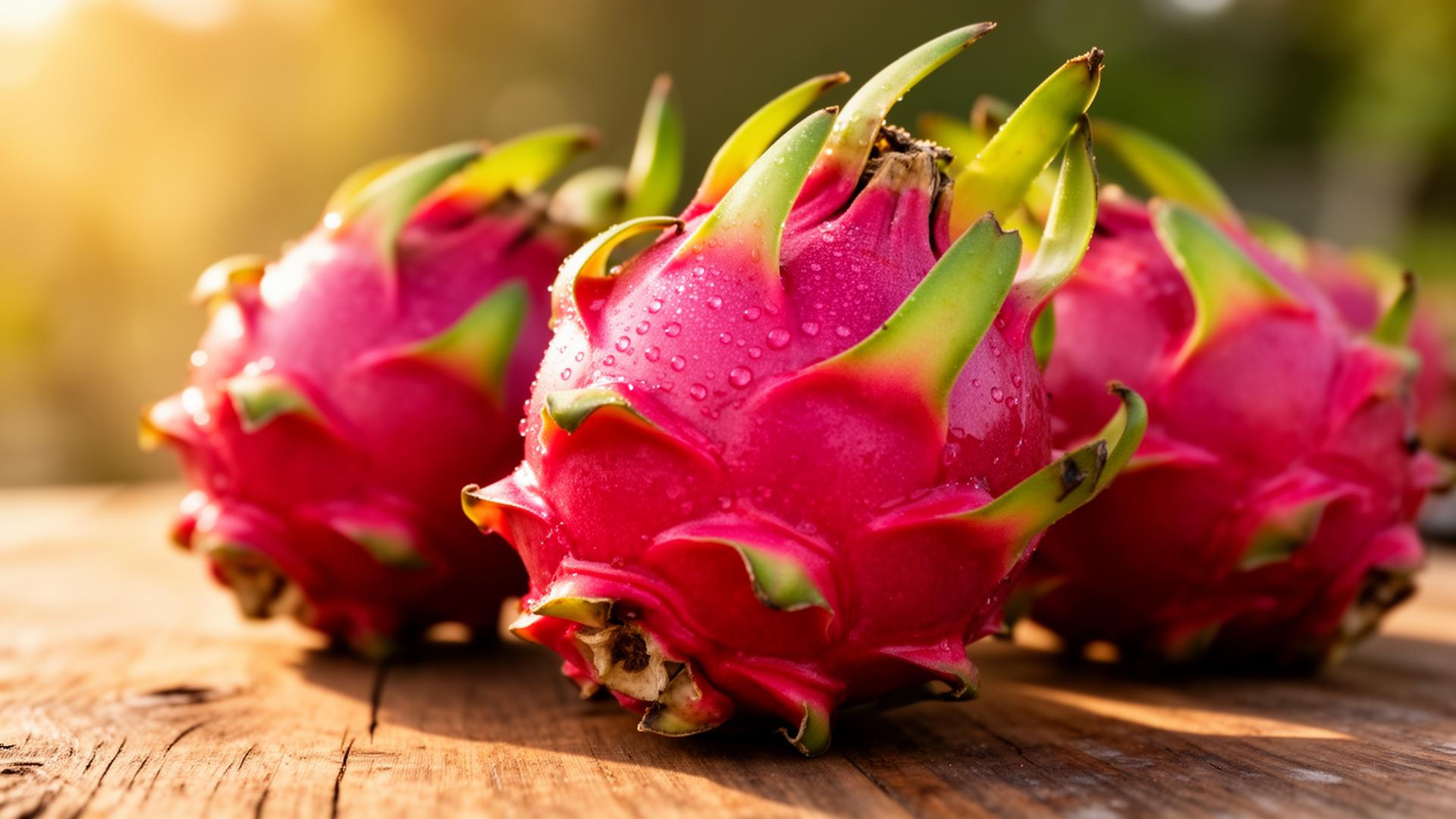 Fresh premium red dragon fruits with vibrant magenta skin and green scales on wooden surface, morning dew drops, premium Indian agricultural export