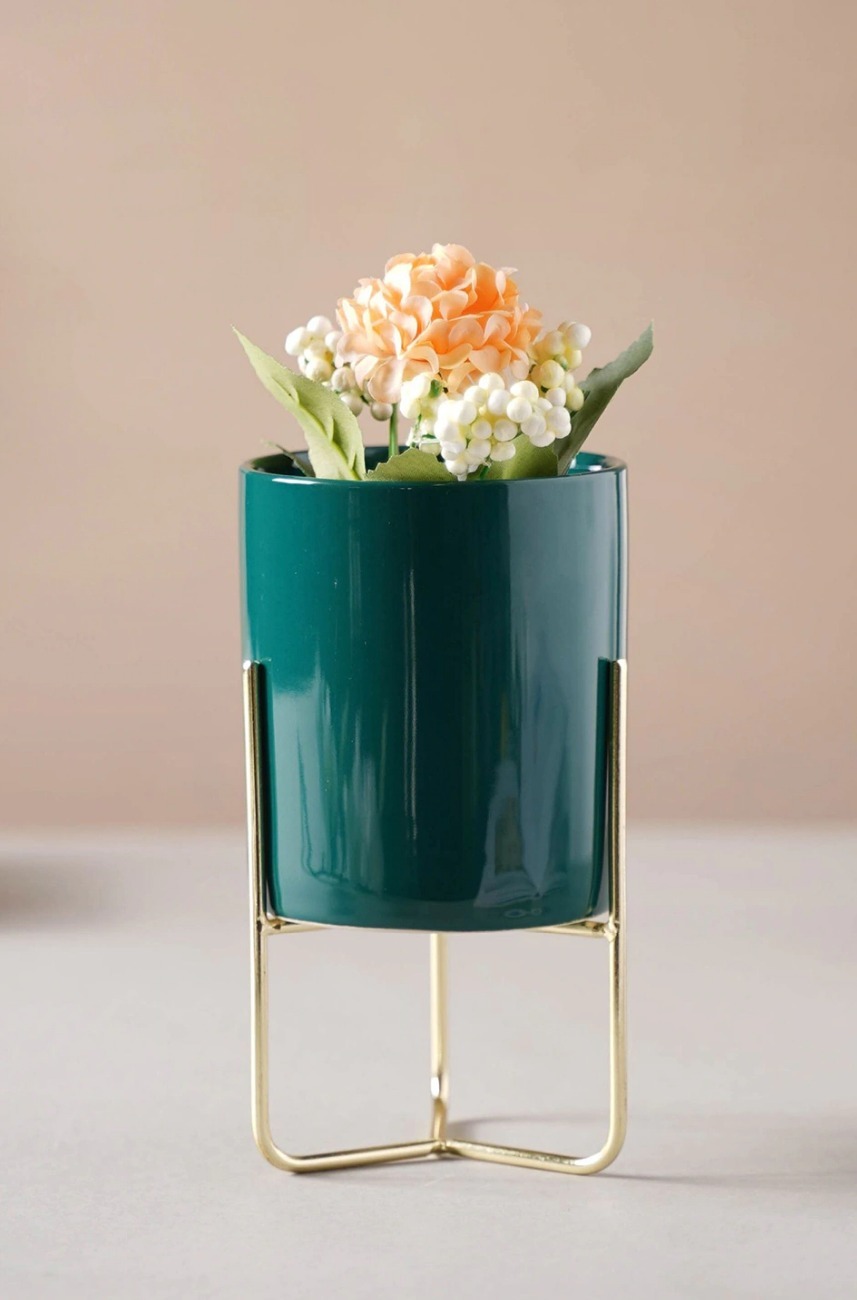 Glossy Cylinder Planter with Gold Stand
